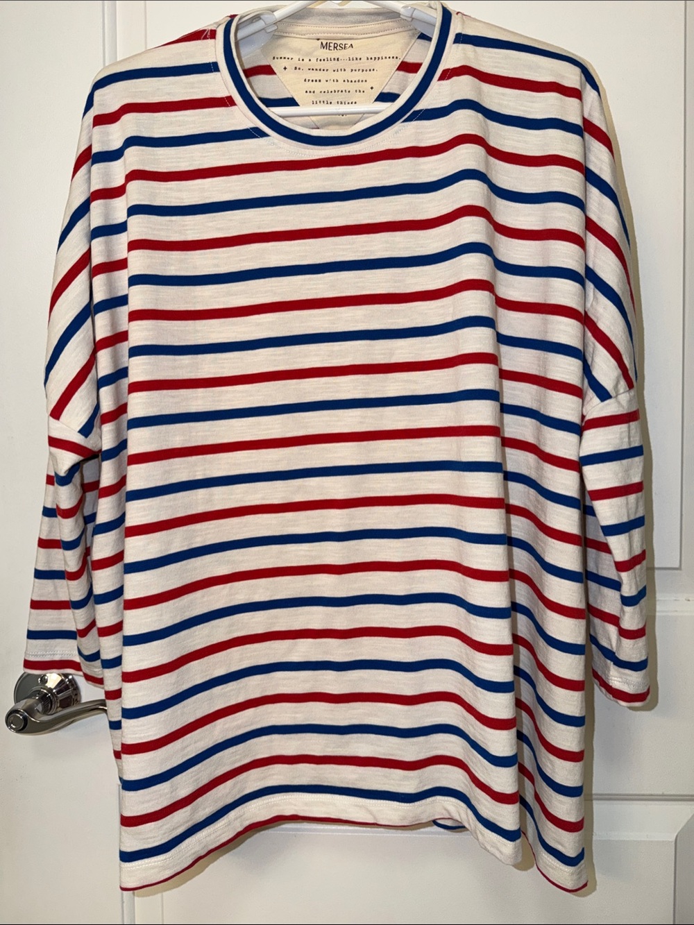 Mersea Crewneck Striped Long-Sleeve Tee - Cream with Red & Blue Stripes